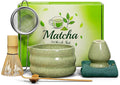 Matcha Whisk Set 7pcs, Japanese Macha Making Kit - 17oz Bowl with Spout, Bamboo Whisk, Chasen Holder, Scoop, Scoop Rest, Stainless Steel Sifter & Towel, Tea Gift Tools for Starter & Enthusiasts, Green