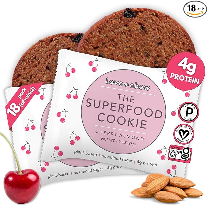 Love + Chew Superfood Soft Baked MINI Cookies, Cherry Almond Flavor, Plant Based Cookie Made With Chia Seeds, Almonds & Cherries for Kids and Adults, Vegan Snacks, Gluten Free, Paleo, Non GMO, 18 Pack