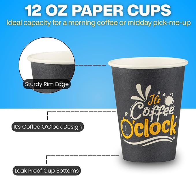 Smygoods Disposable Coffee Cups, To Go Paper Hot Cups, Coffee O'Clock Design (12 OZ, 50 Count) For Hot Beverages, Coffee, Tea, Espresso, Cocoa - Vasos Para Cafe