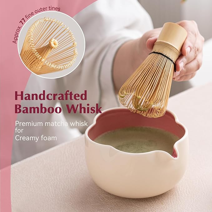 Matcha Whisk Set, 8Pcs Floral Ceramic Matcha Set with Matcha Whisk, Holder, Scoop, Scoop Rest, Sifter, Spoon and Tea Towel - Thoughtful Matcha Whisk Gift for Matcha Lovers (Beige & Pink)
