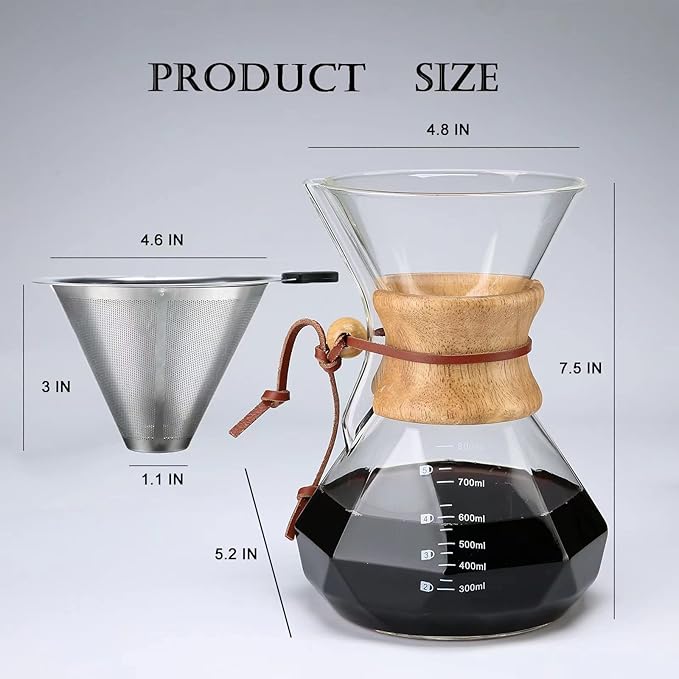 Pour Over Coffee Maker with Reusable Stainless Steel Filter, 27 oz Borosilicate Glass Coffee Carafe, Wooden Collar, Coffee Maker Carafe, Hold 4-6 Cups, 800 ml, Clear