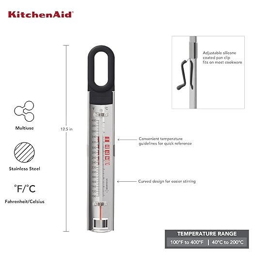 KitchenAid KQ907 Curved Stainless Steel Paddle Style Candy and Deep Fry Thermometer with pan clip, TEMPERATURE RANGE: 100F to 400F, Black