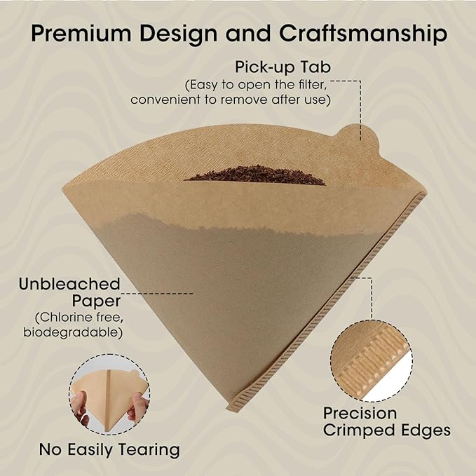 V60 Coffee Filters 02, ONIOU Unbleached Size 02 Cone Coffee Filters, 200 Count Natural Brown Pour Over Paper Filters for Hario V60 & Others 1–4 Cup Coffee Dripper