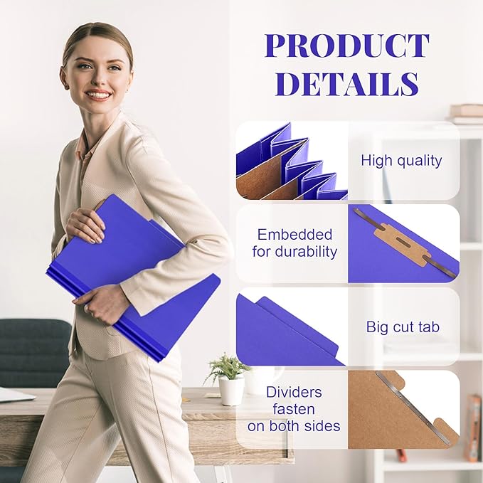 12 Pcs Classification Folders Letter Size, Back to School Supply for Teacher, Student, 3 Dividers Pressboard File Folder Bulk with 2 Fasteners, 3.5 Inch Expanding File Organizer (Purple)