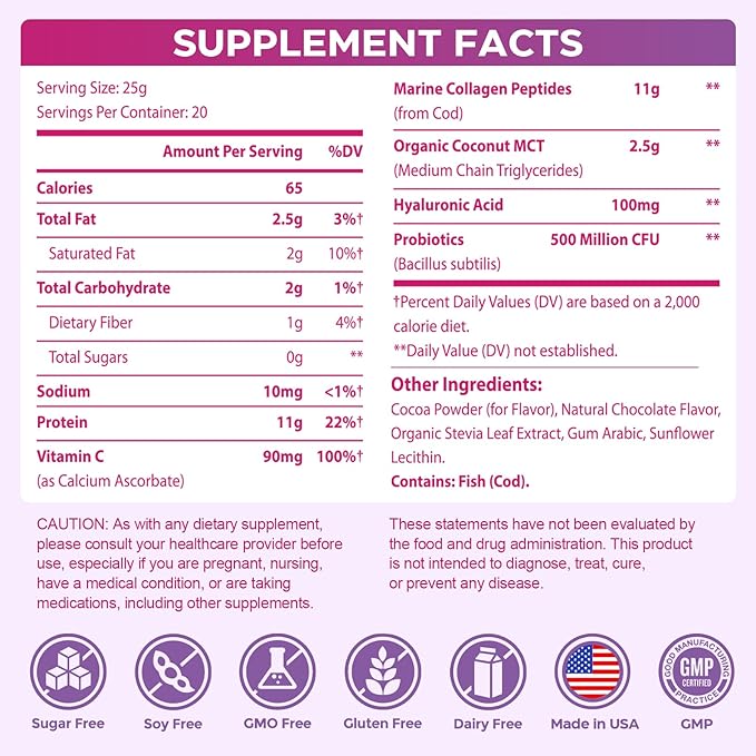 Collagen Protein Coffee Creamer Powder, Marine Collagen Peptides with Coconut Mct Oil for Hair Skin & Nails Support, Non Dairy, Sugar Free, Keto Friendly, Chocolate Flavor, 500g (20 Servings)