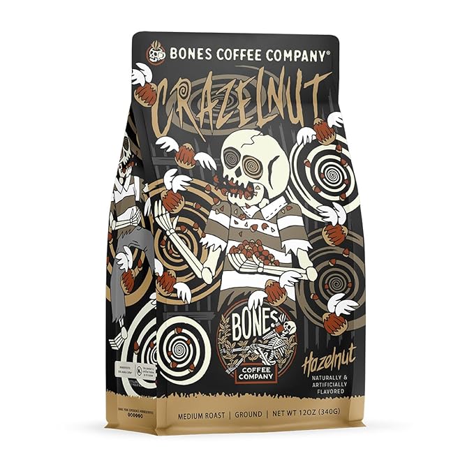 Bones Coffee Company Crazelnut, Hazelnut Flavored Coffee, Medium Roast Low Acid Arabica Beans Compatible with Auto drip and French Press Coffee Maker, 12 Oz Ground