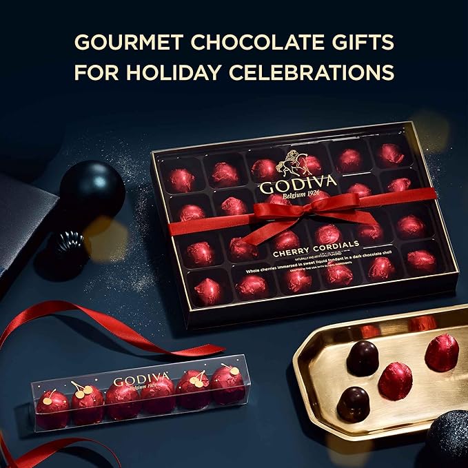 Godiva Holiday Chocolate Covered Cherries Cordial Gift Box - Christmas Candy Assortment with Festive Ribbon, Perfect for Holiday Gift Baskets, 24 Pc