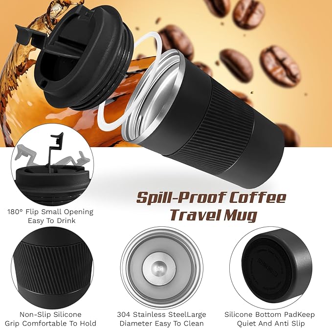 Vacuum-Insulated Stainless Steel Travel Coffee Mug, Leak-Proof Reusable Coffee Cup with Lid - Keep Hot & Cold Drinks for Hours, Durable Thermos Tumbler for Men & Women (3rd-Black, 17OZ)