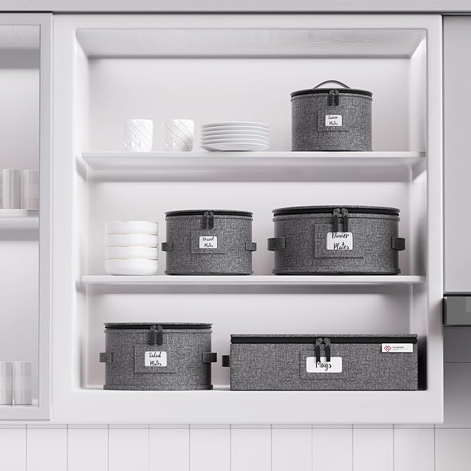 YearningHome China Storage Containers,Hard Shell Box with Felt Dividers for Dishes,Dinnerware,Plates,Mugs,Wine and Glasses,Mugs,Stackable Fine China Storage for Moving and Packing 5 Piece,Grey