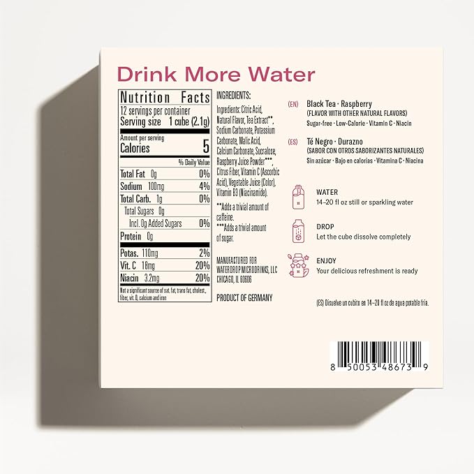 Waterdrop Hydration Cubes, Iced Tea Raspberry, 230 MG Electrolyte & Vitamin Blend Drops for Still & Sparkling Water, Vitamin C & B3, On The Go, Low Calorie, Zero Sugar, Non GMO & Gluten Free, 24 CT