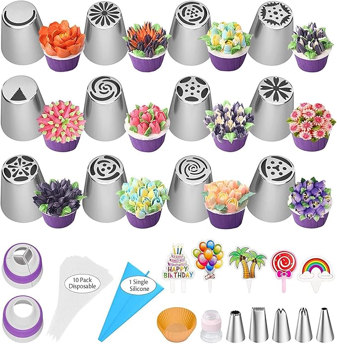 56-Piece Russian Piping Tips Set, Cake Decorating Kit with 17 Frosting Nozzles, Reusable Piping Bags, and Baking Supplies for Cupcakes, Cookies, Cakes - Idael for Bakers & Beginners