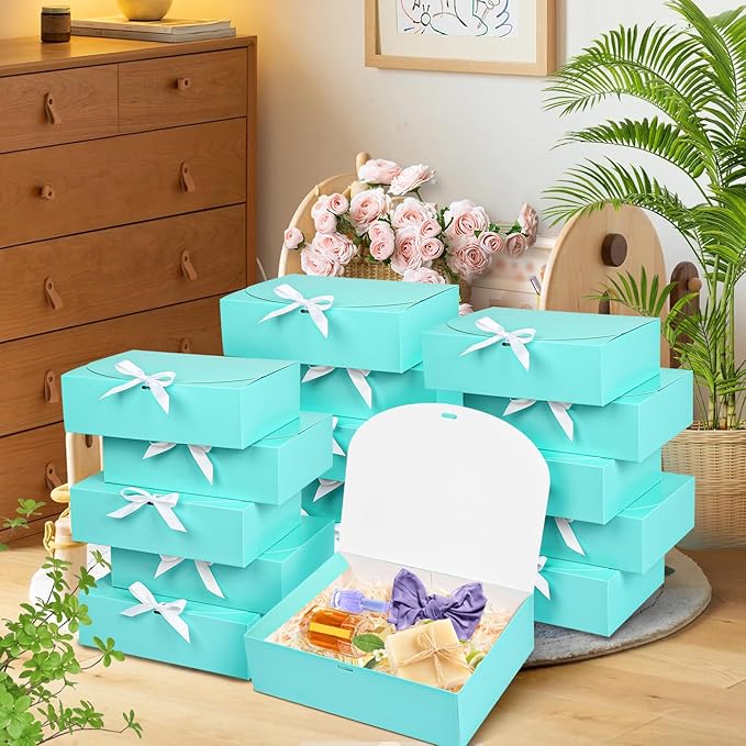 15Pack Gift Boxes with Lids, 10.6x7.8x3.1 Inches Bridesmaid Proposal Box with Ribbon, Blue Gift Boxes for Presents,Kraft Paper Boxes for Wedding Christmas Birthday Baby Shower Party
