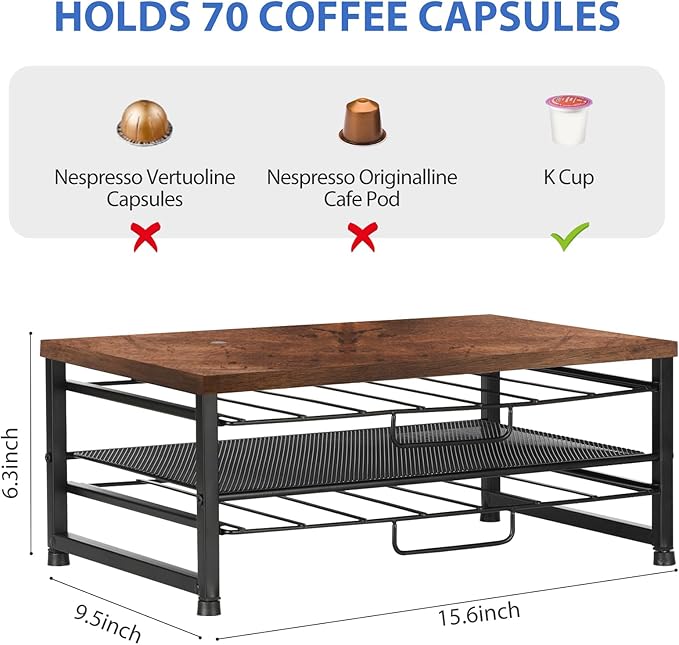 K Cup Holder Organizer for 70 Pods, 2-Tier Coffee Pod Holder for K-Cup with 2 Sliding Storage Drawers, Coffee Station Bar Organizer for Kitchen Countertop, Home & Office, Wooden