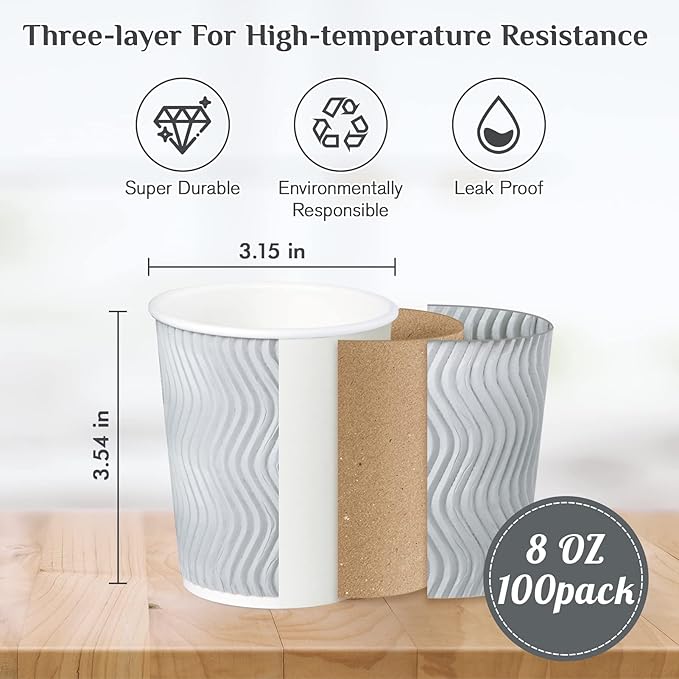MUCHII 8 oz Disposable Paper Coffee Cups, 100 Count Insulated Ripple To Go Cups With Lids and Straws for Tea, Hot Chocolate, and Drinks
