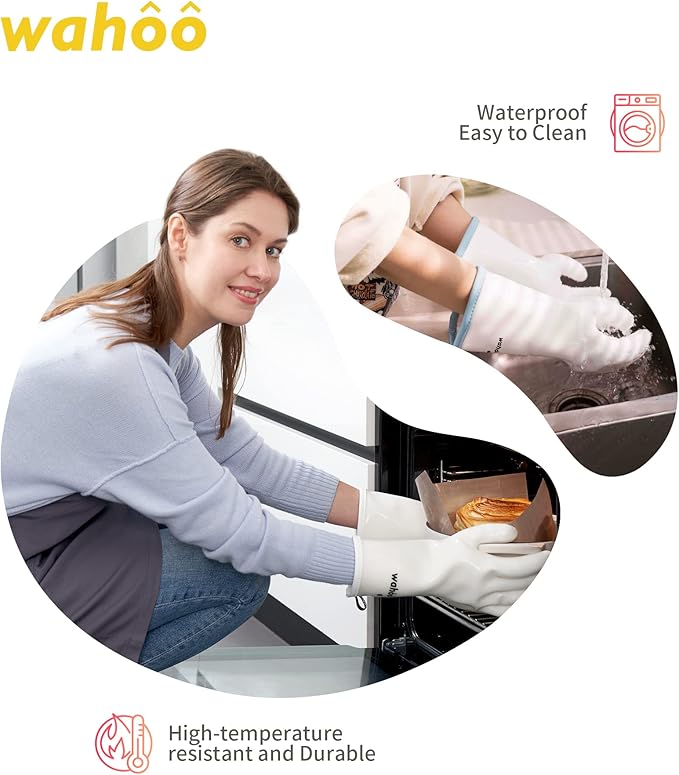 wahoo Professional Liquid Silicone Oven Mitts Gloves, Heat Resistant Gloves for Cooking, Baking, CoralAir Liner, 12 Inch, White, X-Large