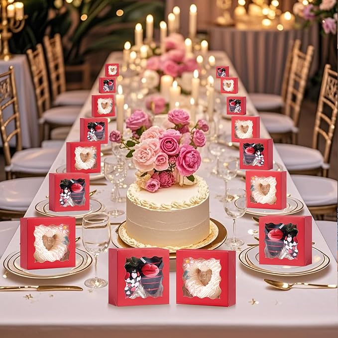 SLShePack 3.2x3.2x1.5 Inches 100PCS Chocolate Truffle Boxes Mini Bakery Boxes with Window for Cookies,Soap,Donut, Macaron,Brownie(Red)