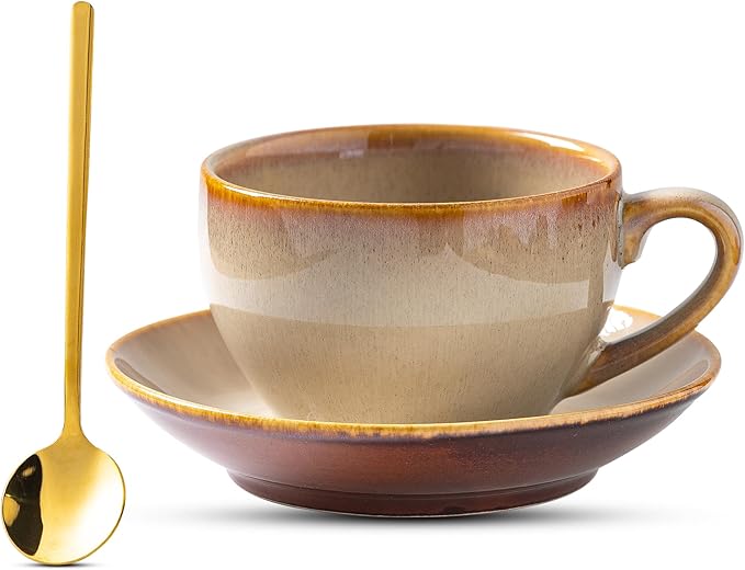 Porcelain Coffee Cup with Saucer Spoon, Vintage Design Ceramic Latte Art Cappuccino Barista Espresso Tea Cup with Saucer (11.6 oz, 350ml, Honey Pomelo Yellow)
