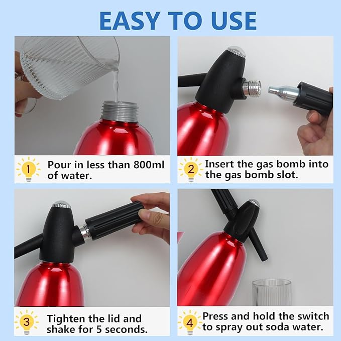 Soda Siphon, Portable Sparkling Water Maker for Home & Outdoor Use, 1L Carbonated Water Machines Soda Maker DIY Seltzer Water Maker for Fresh Soda, Cocktails, Use 8g CO2 Cartridges (Not Included)