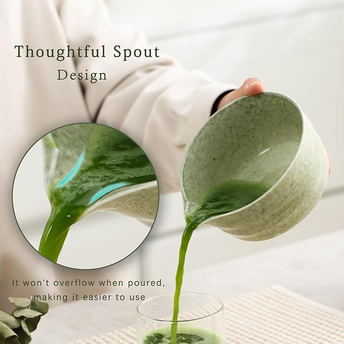 Matcha Set, Japanese Tea Set Includes Matcha Bowl with Spout, Matcha Whisk Holder, Bamboo Matcha Whisk and Bamboo Scoop, 17 oz Mottled Tea Green Glaze Ceramic Matcha Kit for Tea Lovers