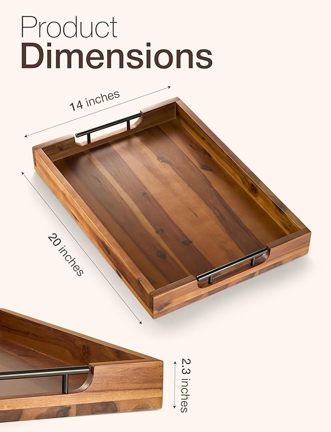 20 Inch Acacia Wood Ottoman Tray with Metal Handle - Wooden Square Serving Tray - Extra Large Food Trays for Decorative, Coffee Table, Breakfast in Bed - Charcuterie Trays Use for Kitchen