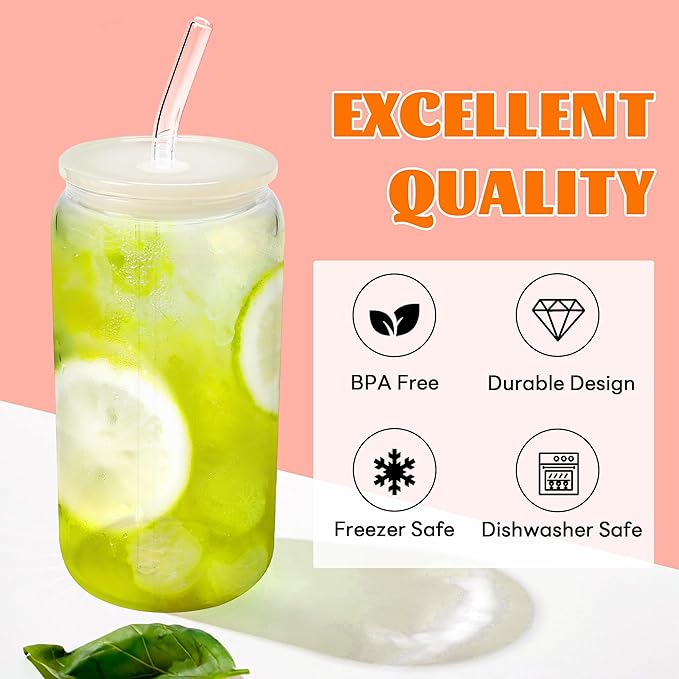 Joyclub 8pcs Glass Cups with Acrylic Lids and Straws 16 oz Can Shaped Glass Iced Coffee Cups with Lids and Straws, Cute Tumbler Cup Drinking Glasses for Smoothie Whiskey Boba Soda Tea Gift