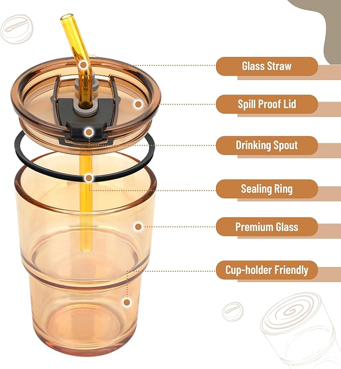 13 oz Glass Tumbler with Glass Straw and Lid, Leak-Proof Reusable Travel Cup for Iced Coffee, Tea, Matcha, Fruit Juice – Thick Wall Clear Water Bottle (Amber & Iridescent Shimmer, 2 Pack)
