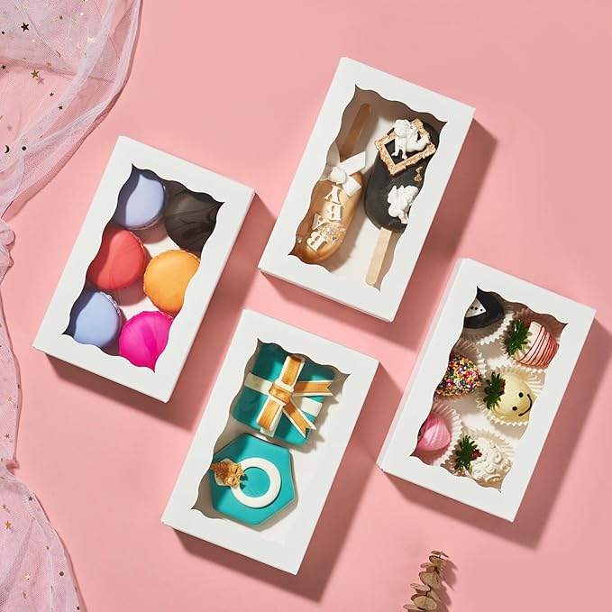 50pcs 7x4.33x1.5 Inch White Bakery Boxes with Window Cookies Chocolate Truffle Macaron Cakesickle Boxes Browines Treat Boxes for Christmas Valentine's Easter Mother's Day
