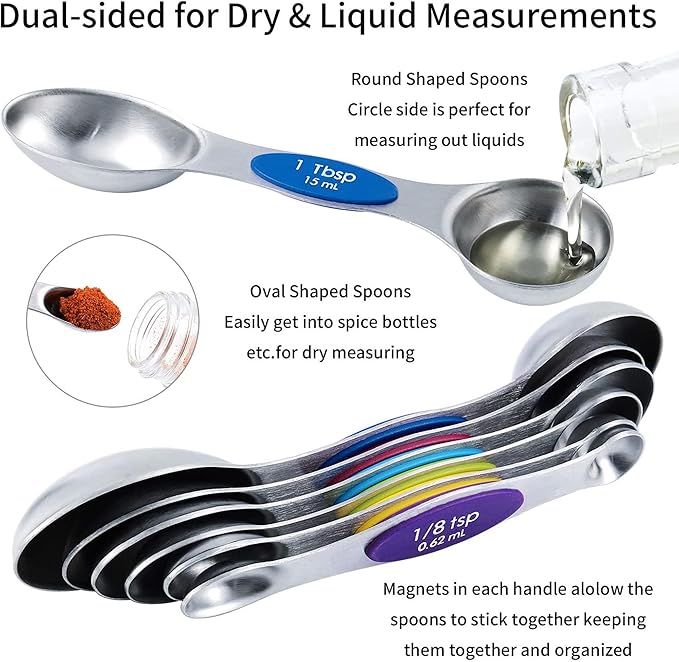 TILUCK measuring cups and magnetic measuring spoons set, stainless steel measuring cups, 6 double-sided stainless steel measuring spoons & 1 leveler (5+7)