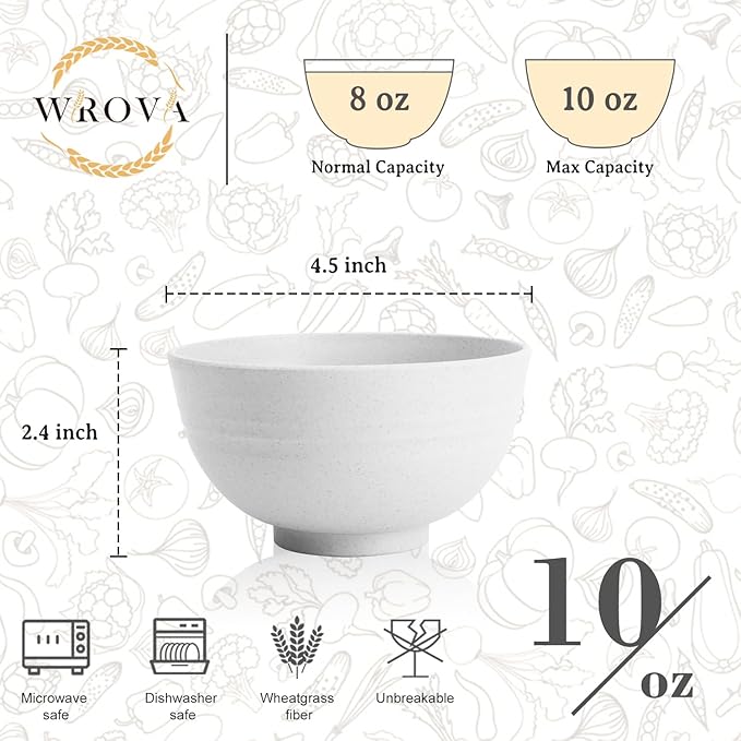 Handy Wheat Straw Bowls Set of 6,Unbreakable Ice-Cream Bowls Sets for Kids,10oz Small Dessert Bowls for Kitchen,Camping and RV.White Series
