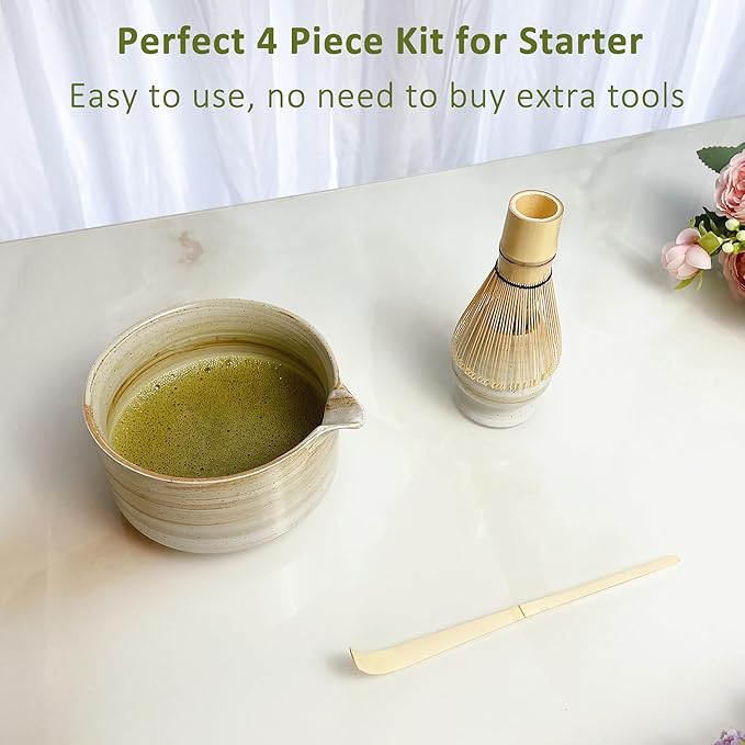 4pcs Matcha Set, Japanese Matcha Kit with Whisk, 17oz Ceramic Bowl with Spout, Whisk Holder & Bamboo Scoop for Starter, Tea Ceremony, Tea Lover, Gift