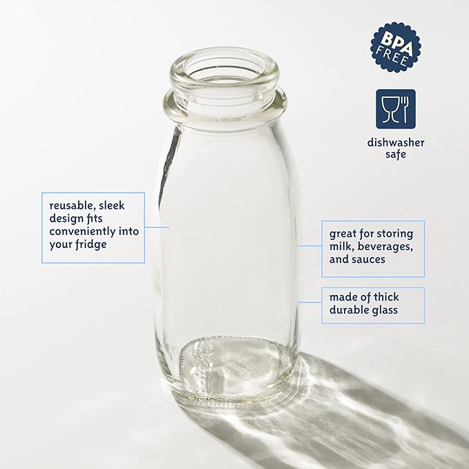 kitchentoolz 12 Oz Square Glass Milk Jugs with Caps - Perfect Milk Container for Refrigerator - 12 Ounce Glass Milk Bottle with Tamper Proof Lid and Pour Spout - Pack of 2