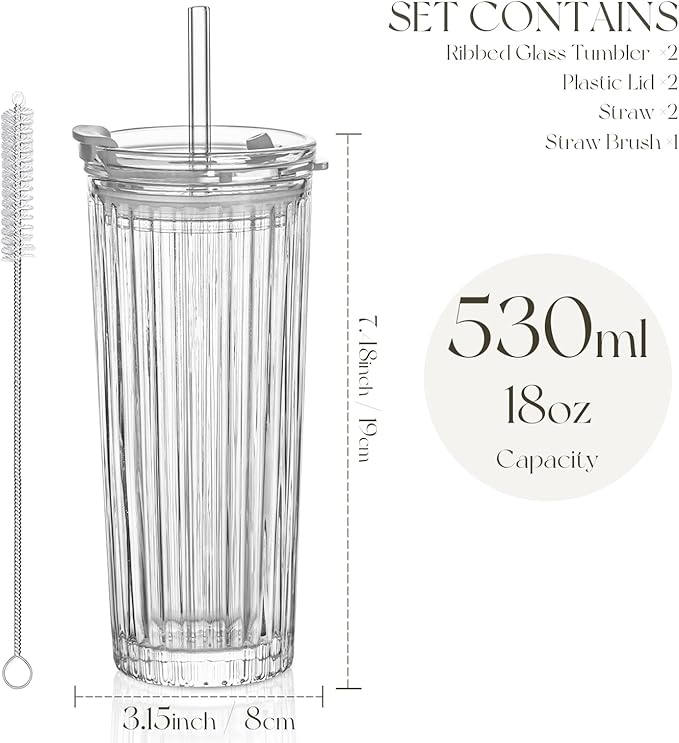 KEMORELA Ribbed Glass Tumbler with Straw and Lid – 18oz Durable Leak-Proof Drinking Cup for Hot and Cold Beverages – Stylish Design, Ideal for Iced Coffee, Smoothies, and More (2PCS-A)
