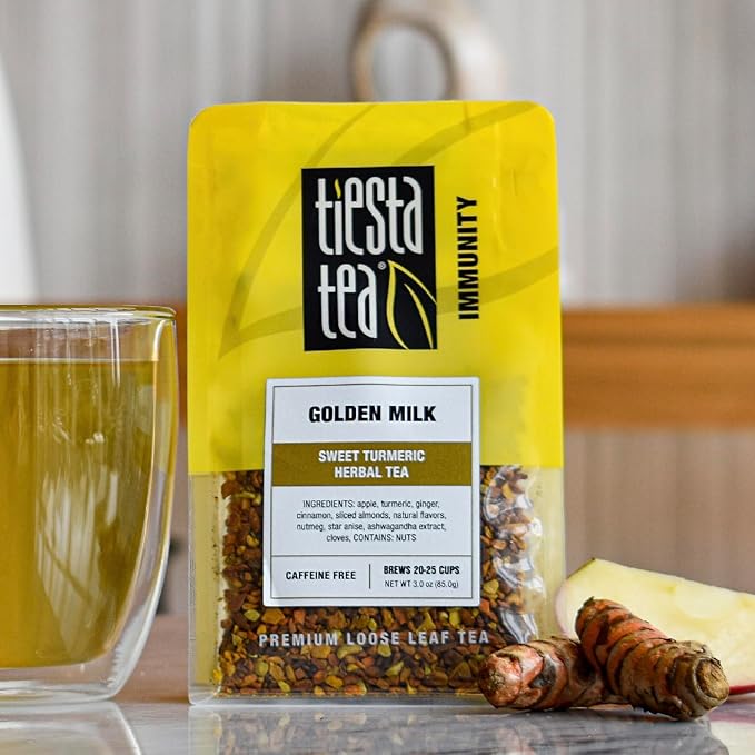 Tiesta Tea - Golden Milk, Loose Leaf, Sweet Turmeric Herbal Tea, Non-Caffeinated Herbal Blend, Makes Hot or Iced Up to 20-25 Cups, 3oz Resealable Pouch