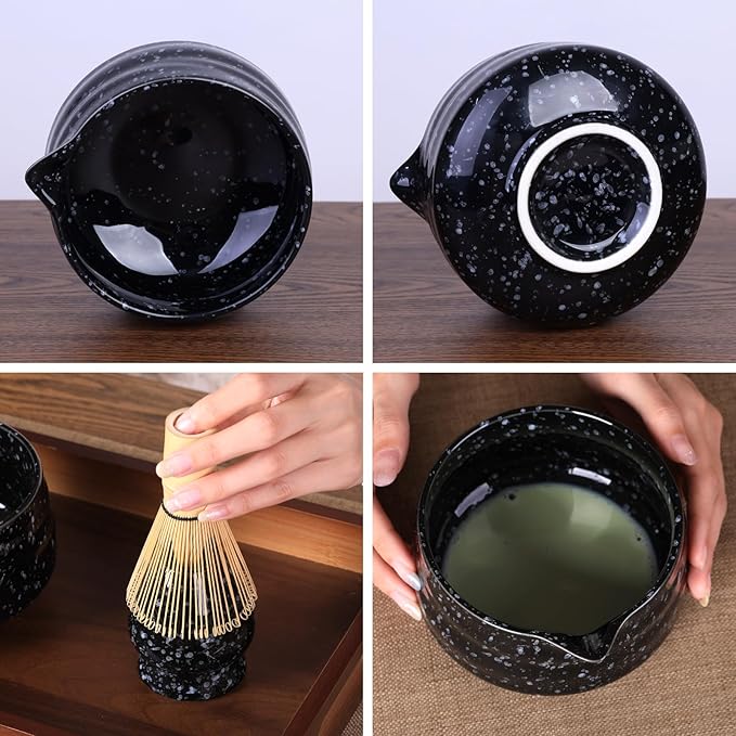 Japanese Matcha Whisk Set - 7-Piece Kit Bamboo Chasen, Ceramic Bowl with Spout, Stainless Steel Sifter & Holder Black