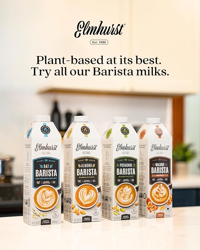 Elmhurst 1925 Oat Milk Barista Edition – 32oz (6-Pack) Plant-Based, Vegan, Dairy-Free, Kosher, Gluten-Free, Non-GMO, Froths for Lattes & Iced Coffee, 20g Whole Grains per Serving, Simple Ingredients