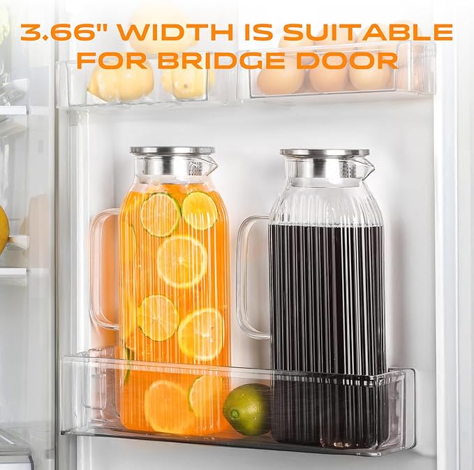 2 Liters/68oz 2 Pack Stripes Glass Pitcher with Lid and Handle for Bridge Door, Aofmee Borosilicate Glass Heat Resistant Dishwasher Safe Iced Tea Jar, Carafe with Scale Line for Hot/Cold Beverage