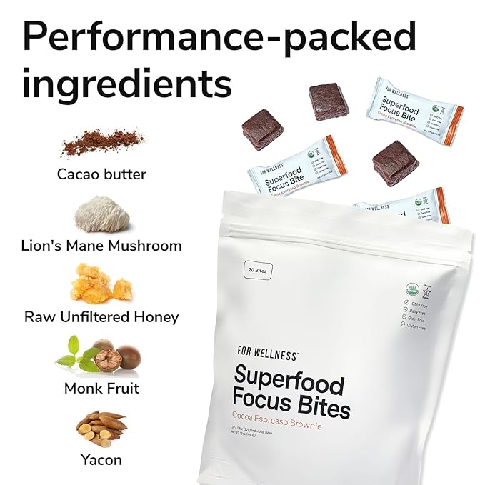 For Wellness Superfood Focus Bites (20 Count), Cocoa Espresso Brownie – Reduces Fatigue, Improves Digestion & Support Brain Function