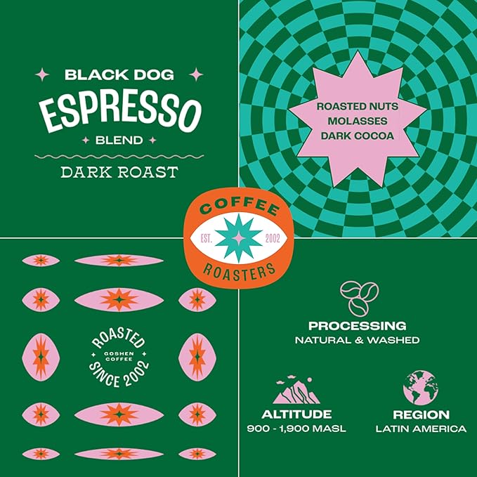 Goshen Coffee Roasters Whole Bean Black Dog Espresso Blend | Dark Roast, Espresso or Brewed | Award-Winning, Natural and Washed | Roasted Nuts, Molasses, Dark Cocoa Flavors | 12 Oz Bag