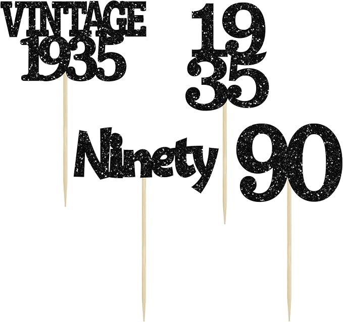 Gyufise 24Pcs Vintage 1935 Cupcake Toppers Glitter Cheers to 90 Fabulous Ninety Cupcake Picks 90th Birthday Wedding Anniversary Party Cake Decorations Supplies Black