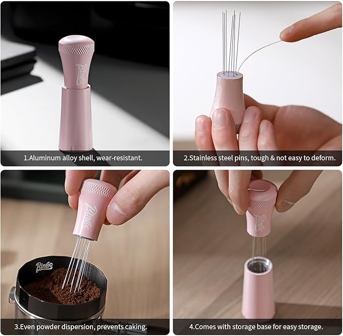 WDT Espresso Distribution Tool - Espresso Stirrer Tool For Barista, Espresso Tamper With Stainless Steel Retractable Needles (PINK)
