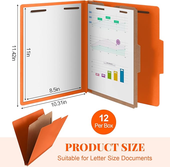 12 Pcs Classification Folders Letter Size, Back to School Supply for Teacher, Student, 1 Divider Pressboard File Folder Bulk with 2 Fasteners, 3.5 Inch Expanding File Organizer (Orange)