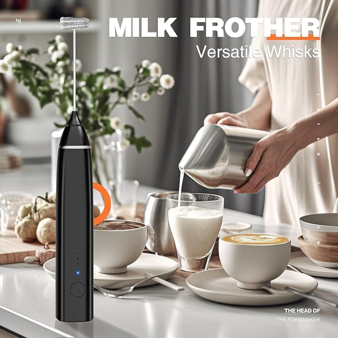 Milk Frother Rechargeable Handheld Electric Whisk Coffee Frother Mixer with 2 Stainless whisks 3 Speed Adjustable Foam Maker Blender for Coffee Matcha Latte Hot Chocolate(Pure black)