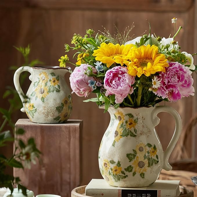 Vintage Vase with Handle, 6 Inch Ceramic Pitcher Sunflower Floral Vase, Rustic Farmhouse Vases for Grandma Core Home Decor, Bookshelf Office Tuscan Decor (Small Teapot)