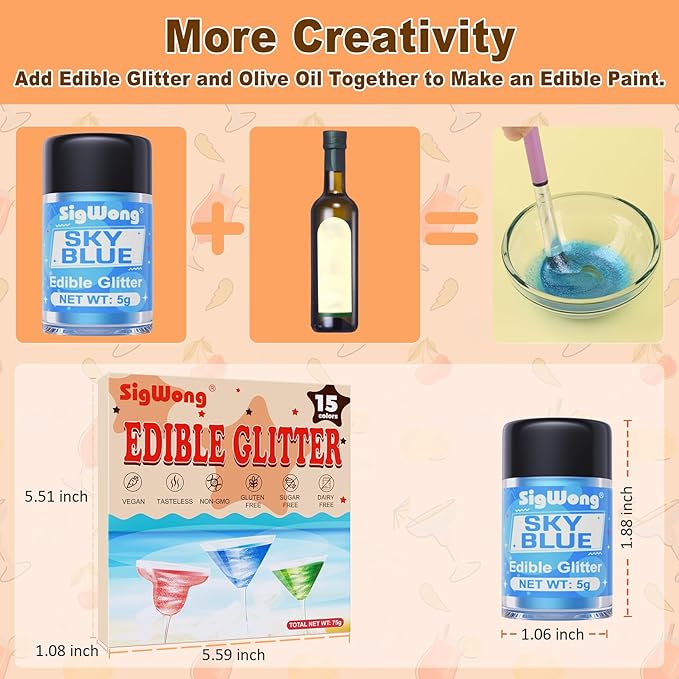 Edible Glitter Set - 15 Colors Food Grade Luster Dust, Edible Glitter Powder for Drinks, Cake Decorating, Chocolates, Fondant, Strawberries, Cupcakes, Candy, Cookie. Vegan - 5g/bottle