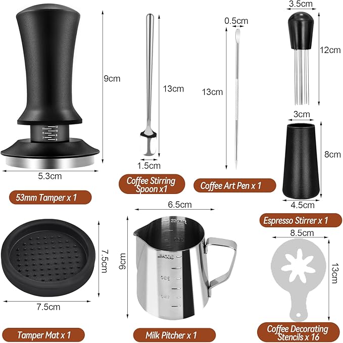53mm Espresso Tamper Set, 22Pcs Espresso Accessories Kit, Spring Loaded Calibrated Espresso Tamper with WDT Tool, Tamper Mat, Coffee Stirrer, Frothing Pitcher, Latte Art Pen and 16 Decorative Stencils
