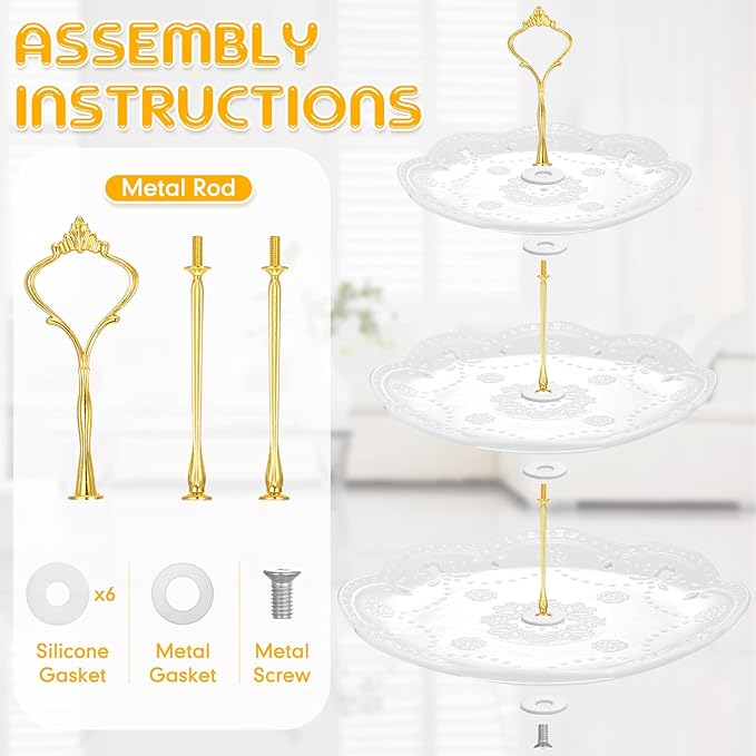 Tatuo 2 Pcs 3 Tier Porcelain Cupcake Stand, Cup Cake Holder Tower, Pastry Serving Elegant Dessert White Ceramic Tiered Stand for Wedding, Birthday, Tea Party(Lace Round Shape)