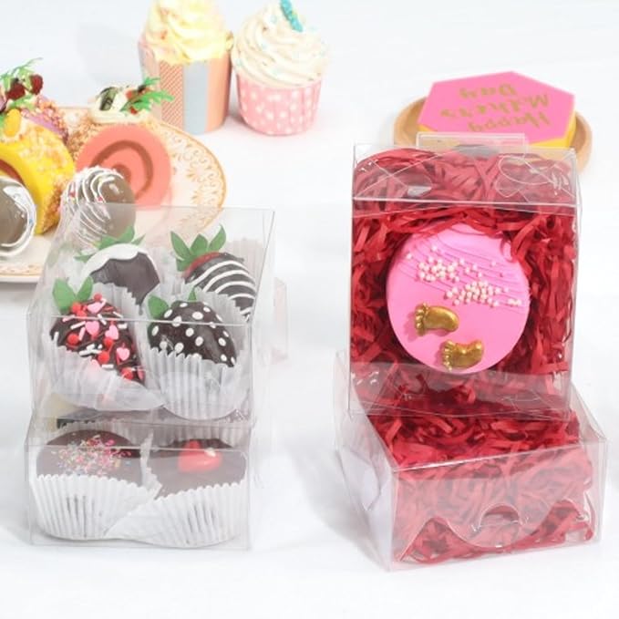 RomanticBaking 50PCS 5x5x2 Inches Full Clear Bakery Boxes Chocolate Covered Strawberries Boxes,Mini Cake, Cookies,Macaron,Pie, Cakesickle &More