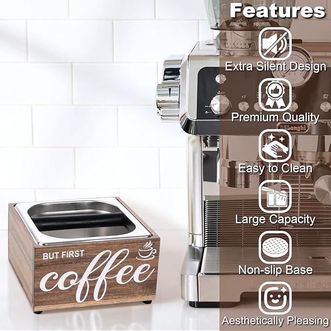 Knock Box for Espresso Coffee Grounds Espresso Knock Box Tamp Station, Quiet Design Large Capacity Non-Slip Base Coffee Puck Dump Bucket Barista Tools Machine Accessories Stainless Steel
