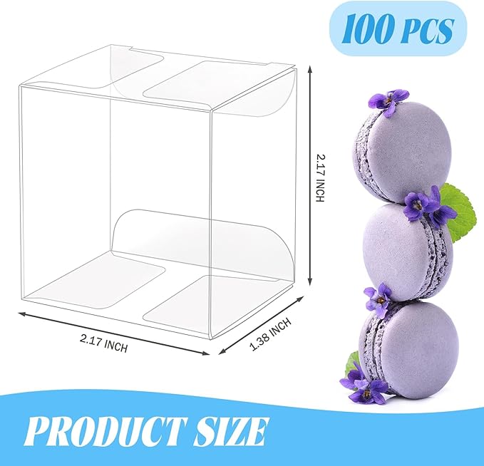 Newbested 100 Pack Clear Plastic Macaron Boxes,Transparent Chocolate Candy Cookies Malt Balls Mini Gift Packing Boxes for Valentine's Day Wedding Party Baby Shower Display(2.17" x 2.17" x 1.38")