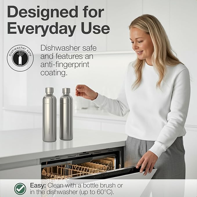 Premium 33 oz Stainless Steel Bottle | Compatible with Aarke Carbonator 3, Sodastream (excl. Aqua Fizz + Jet) and many others | Dishwasher Safe, No Expiration Date | 2-Pack